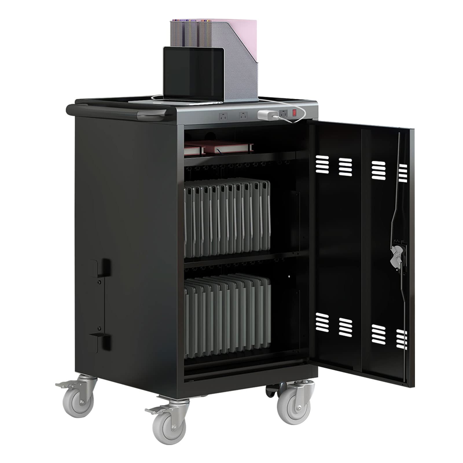 School Mobile Charging and Storage Cart - Laptop Charging Cart for 30 Tablets, Chromebooks Charging Cart- UL Safety Charging Station Cabinet with Two