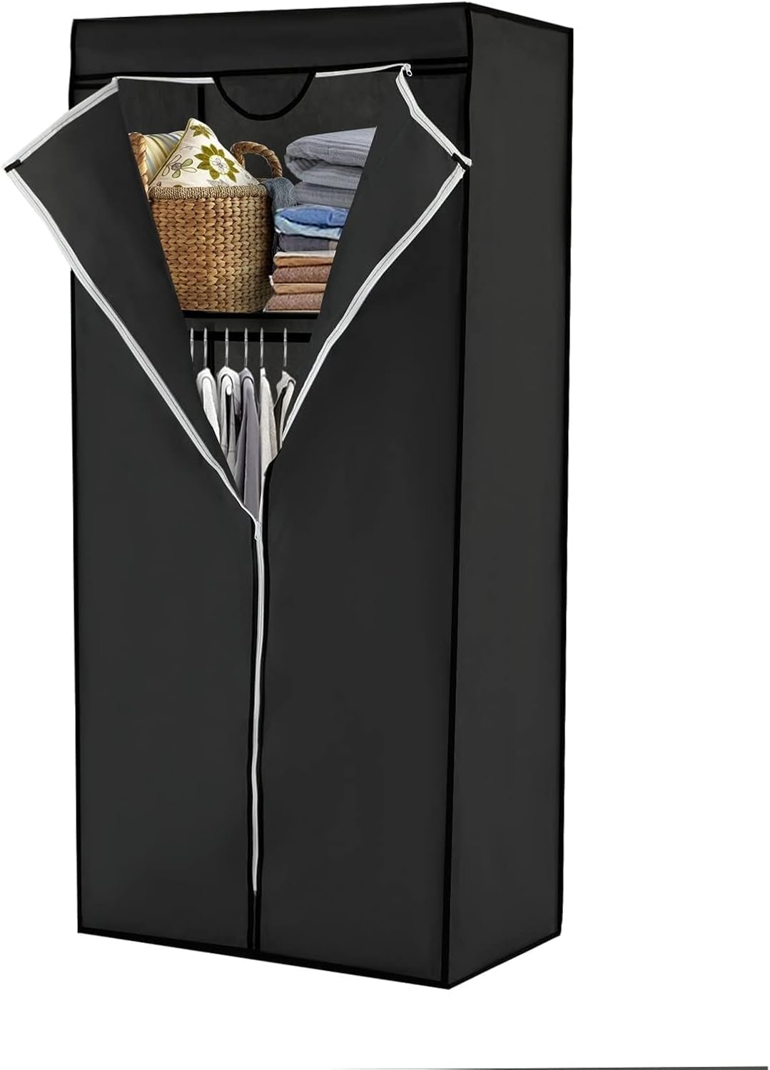 Y.H BLISSHAVEN Foldable Canvas Wardrobe 158×68×45cm – Portable Fabric Closet with Hanging Rail & 2 Shelves, Collapsible Storage Closet for Clothes, No-Tools Assembly, Bedroom & Dorm Organiser (Black)