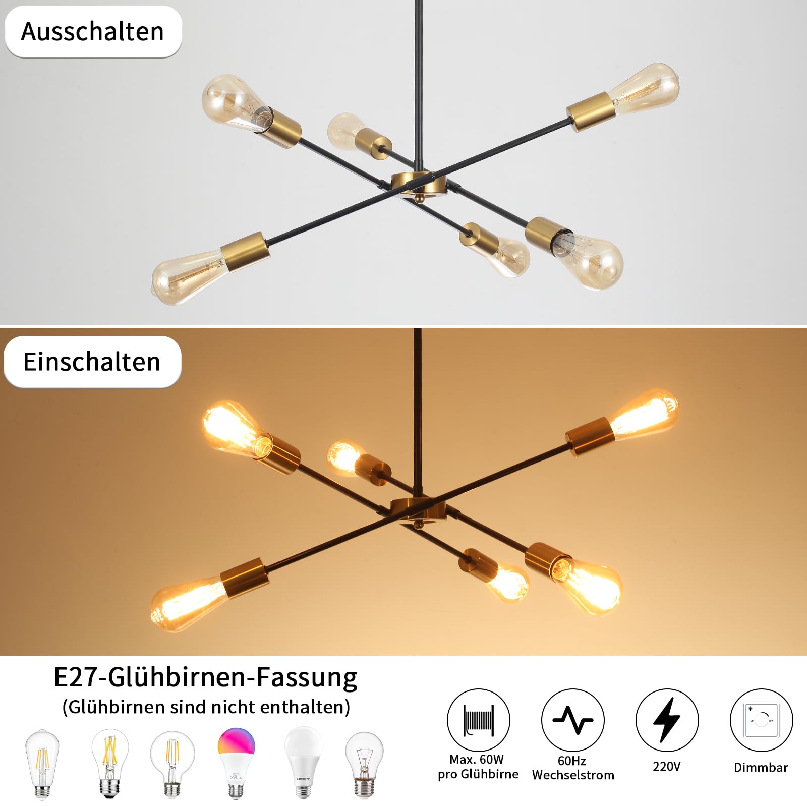 Hanglamp 6 Lampen Rustieke Industriële Kroonluchter - Voor Woonkamer Slaapkamer Keuken Eetkamer E14