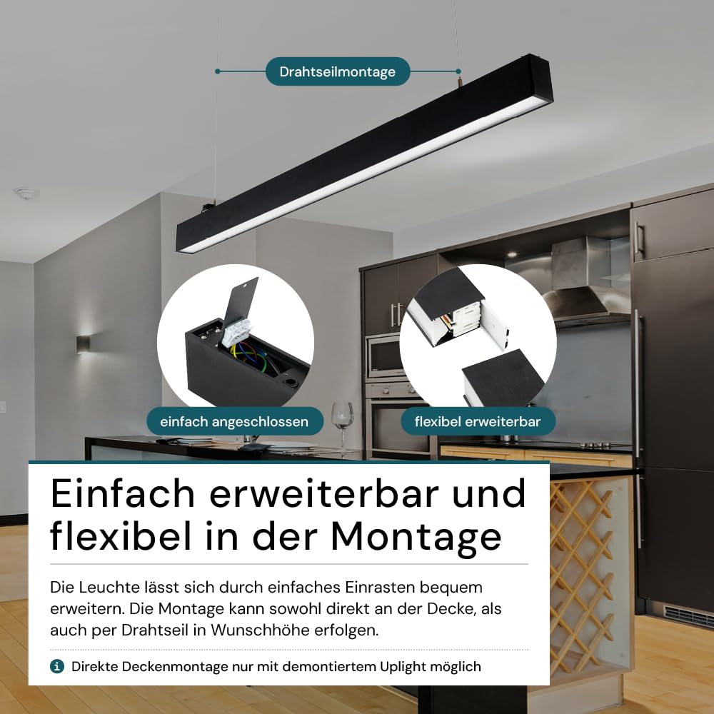LUXULA LED Pendelleuchte 120 cm Schwarz, 30W 3600lm, 3000-6500K einstellbar, Hängelampe Up & Down Aluminium, Blendfrei UGR<19, Deckenlampe als Büro- & Tresenleuchte, Esszimmerlampe hängend
