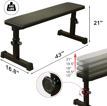 Weight Bench for Strength Training Flat Bench Press 5 Levels Adjustable 43.3 Inches Long Workout Benches for Home Gym 440lb Weight Capacity