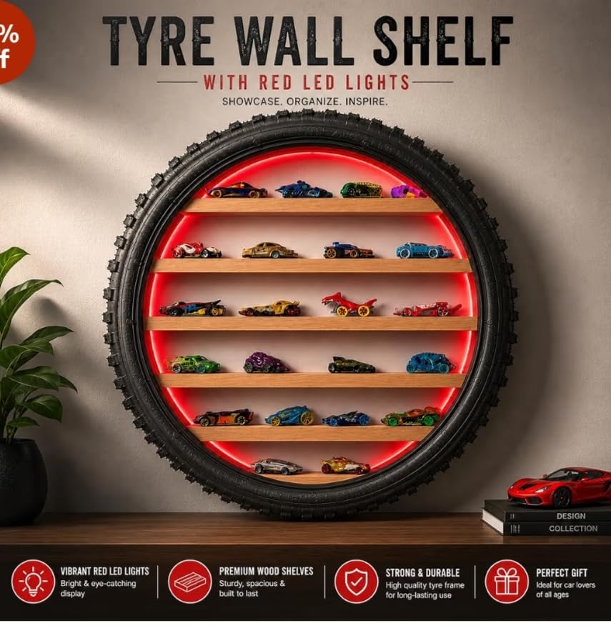 Image of Wooden Wall Shelf Display Rack for 1:64 Scale Die-Cast Cars with LED Light | Rugged Tyre Frame Storage Organizer for Hot Wheels Collection | Decorative Home & Room Decor (24 x 4 Inch (Red)