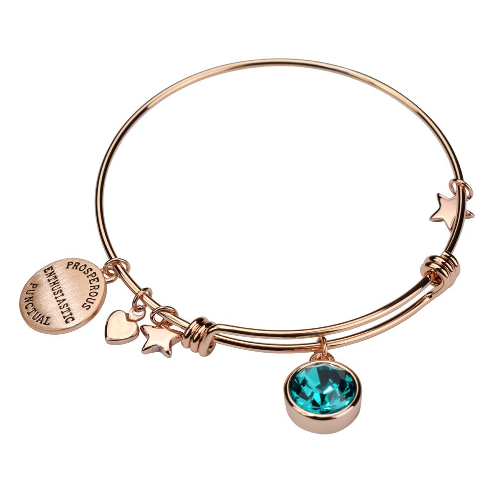 Miraclelove Rose Gold Birthstone Crystal Personalities Engraved Charm Expandable Bangle Bracelet, 7.8"
