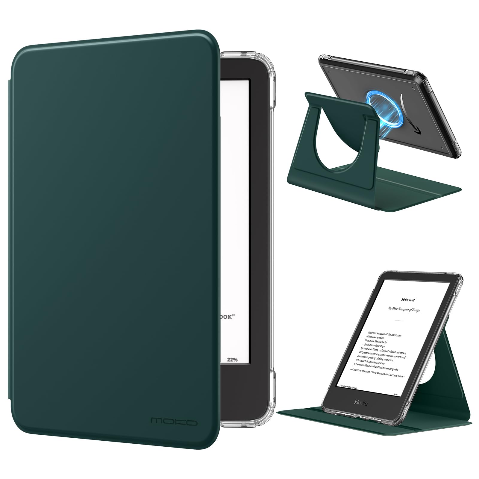 MoKo 360° Rotating Case for 6" All-New Kindle (11th Generation-2024/2022 Release), Clear Back Detachable Magnetic Protective Adjustable Stand Cover with Auto Wake/Sleep, Midnight Green - 1