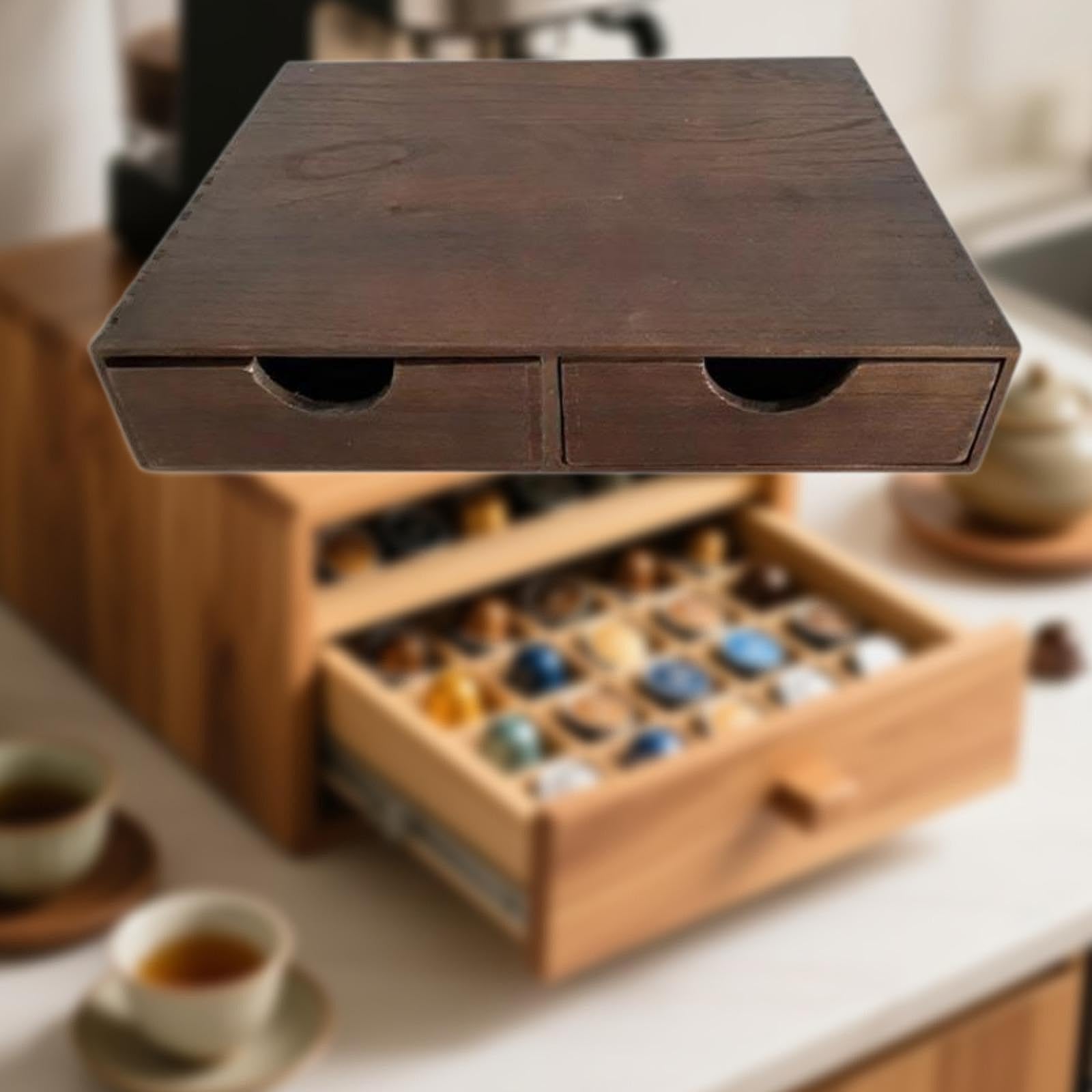 Stylowy uchwyt na kapsułki do kawy z wysuwaną szufladą, oszczędzający miejsce organizer na kapsułki Nespresso i Dolce Gusto, idealny do kuchni, biura i przechowywania detalicznego