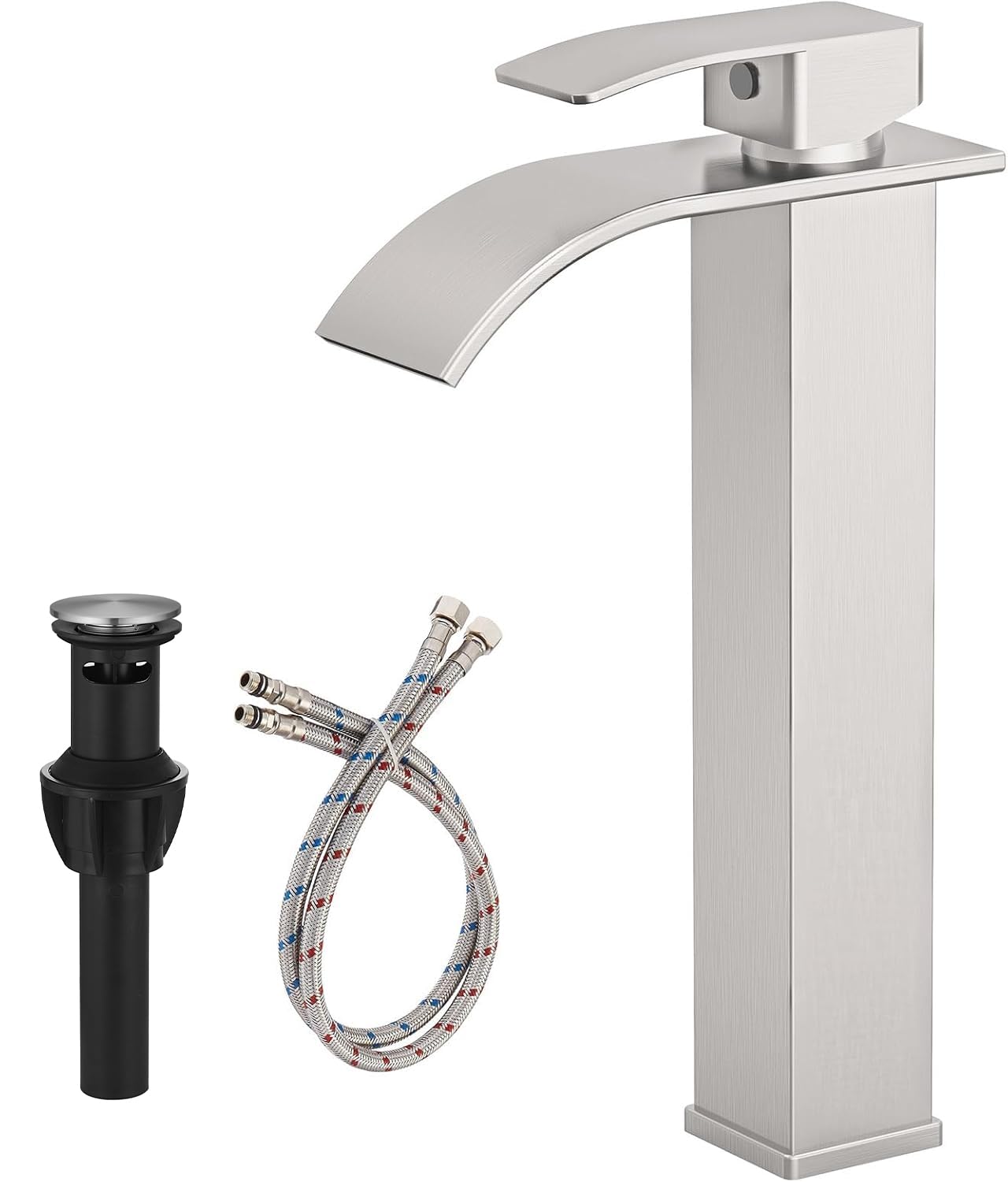 Nfusrxmbk Brushed Nickel Vessel Sink Faucet Waterfall, Tall Bathroom Faucet, Vessel Faucet, Modern Lavatory Vanity Brush Nickel Single Hole Single Handle With Pop Up Drain