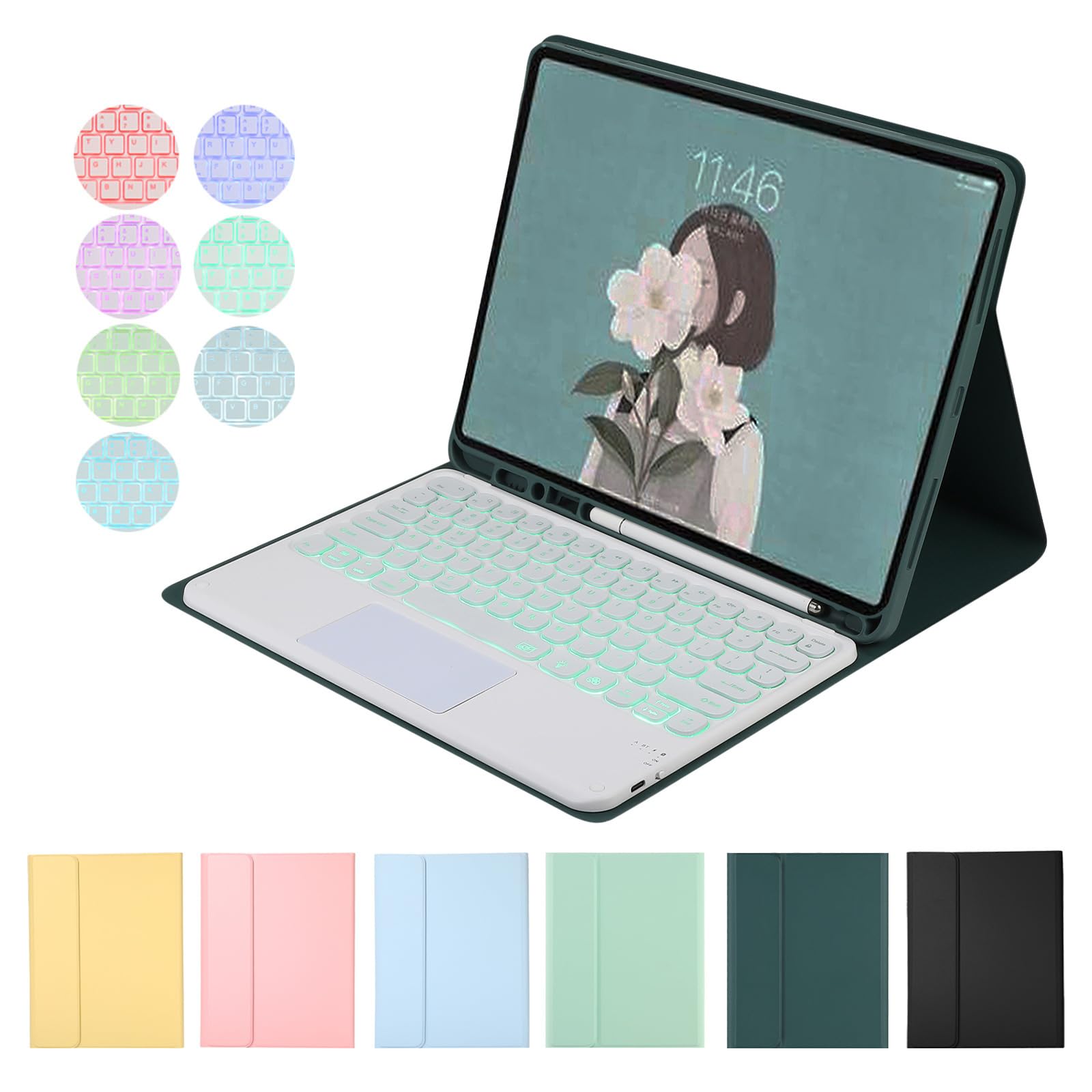Etui na klawiaturę z touchpadem do Samsung Galaxy Tab S8 Ultra 14,6'' 2022 (SM-X900/X906), 7 kolorów podświetlenia, bezprzewodowe etui folio z uchwytem na długopis S, ciemnozielone