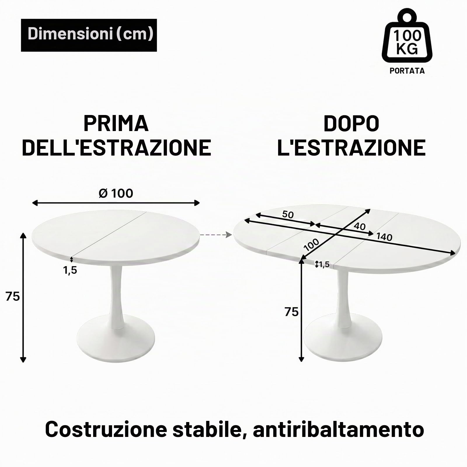 Tavolo da pranzo rotondo allungabile 100/140 x 40 x 75 cm, tavolo da pranzo/tavolo da cucina per 2-6 persone, elegante tavolino da caffè/tavolo in legno, tavolo rotondo/estraibile per cucina