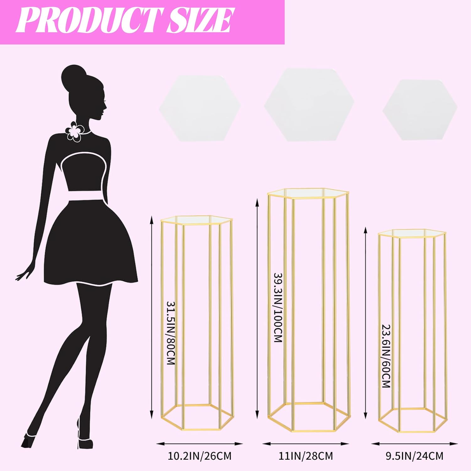 Cylinder Pedestal Stands for Party, 3 PCS Hexagon Gold Metal Plant Round Cylinder Stands for Party Flowers, Display Pedestal Stand Cylinder Tables for Vases Birthday Party Backdrop Decorations