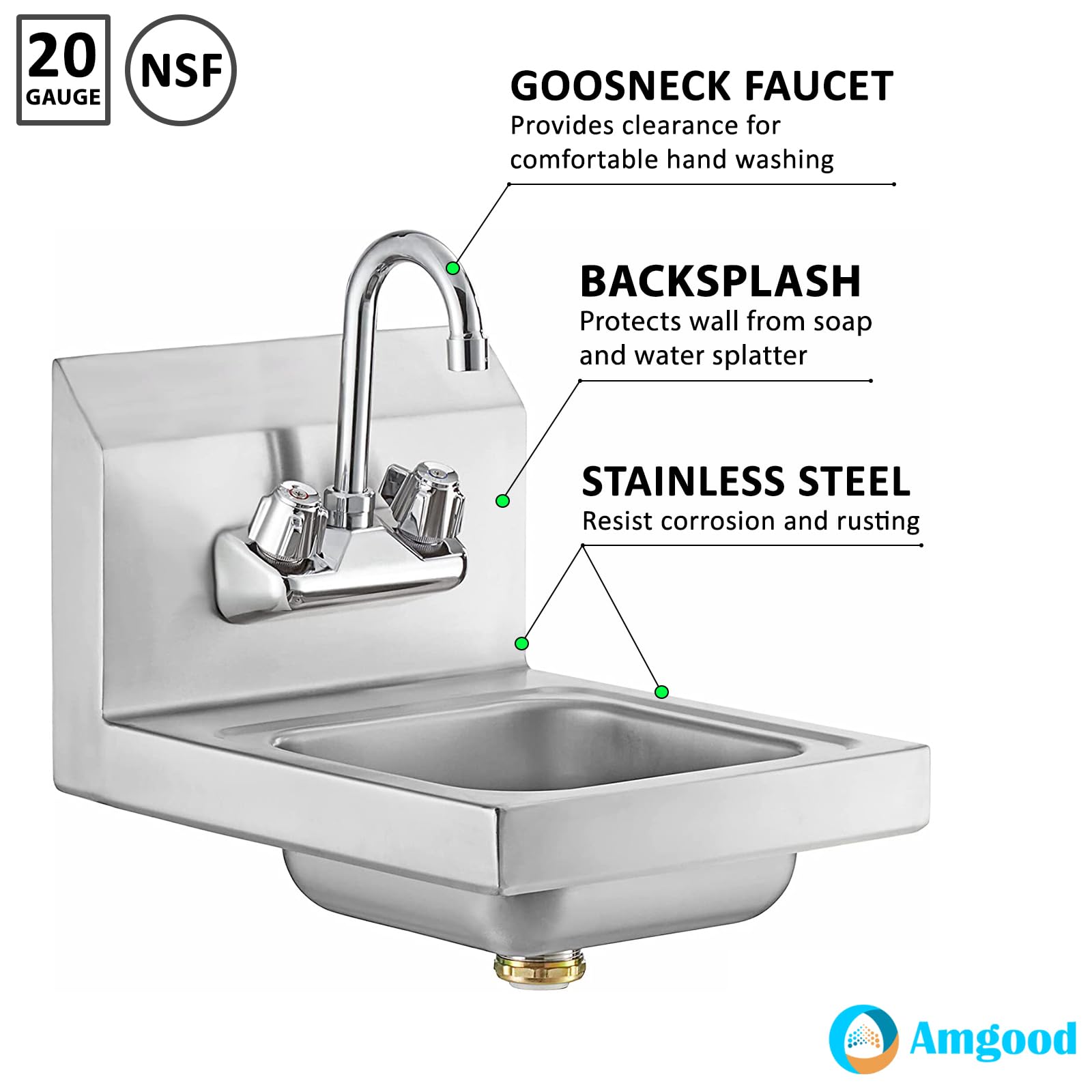 AmGood Lavandino a parete in acciaio inossidabile 12 "x 12" | Lavabo a mano commerciale NSF con rubinetto per ristorante, cucina e casa | Dimensioni ciotola: 8 "x 10"