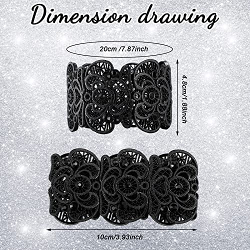 2 Pieces Black Bracelet for Women Gothic Vintage Filigree Jewelry Ladies Cuff Bracelets Bohemian Lace Bracelet Lace Cuff Bangle Wide Stretch Rhinestone Statement2