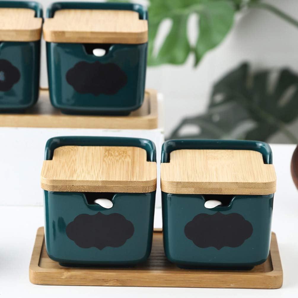 Square Condiment Container with Spoon Tray Ceramic Seasoning Box Salt Jars Sugar Condiment Pots-A