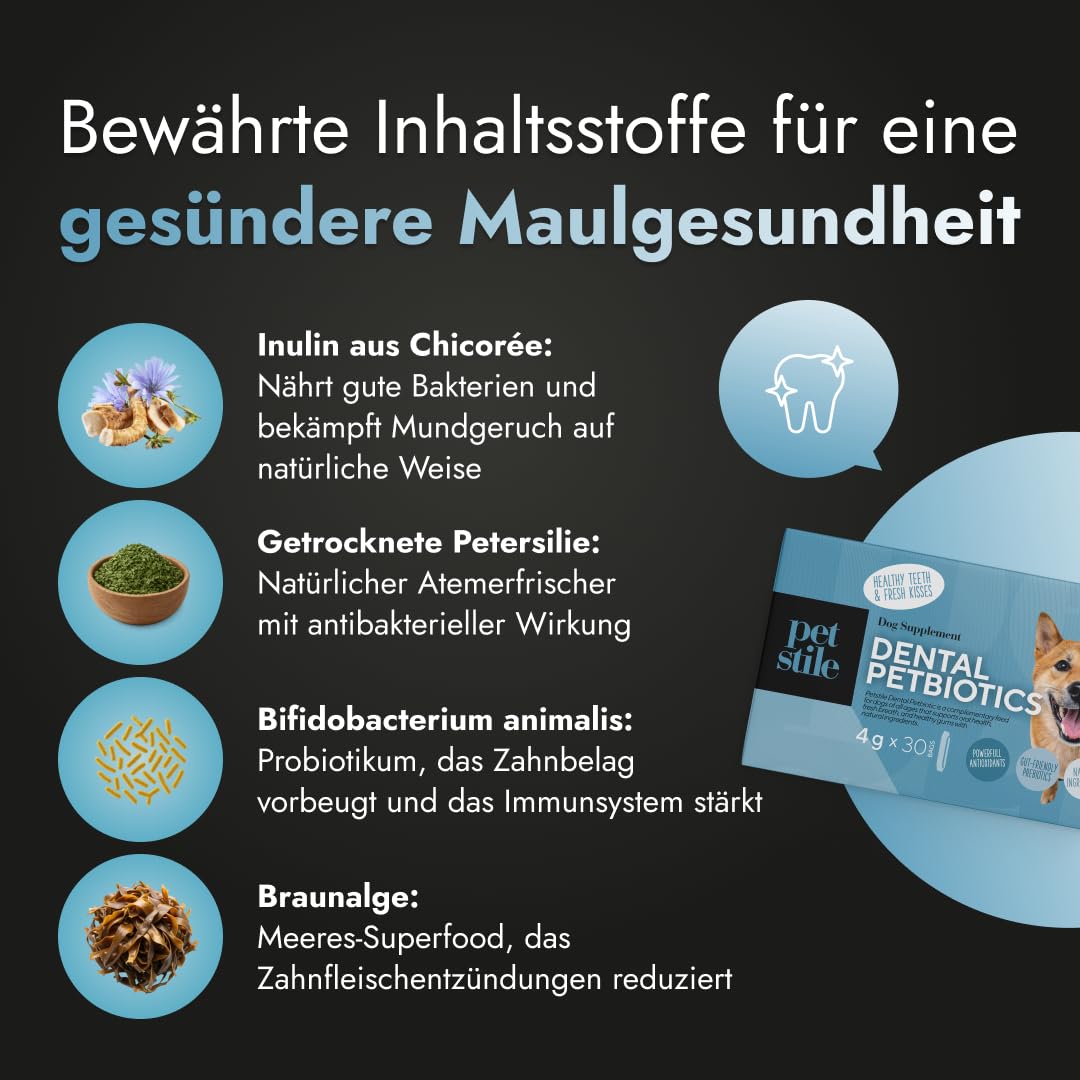 Dental PetBiotics – Zahnpflegepulver für Hunde mit Probiotika & Kräutern – Gegen Mundgeruch, reduziert Zahnbelag, unterstützt gesundes Zahnfleisch & die Darmflora (1x 120 g)