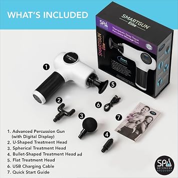 SPA SCIENCES - SmartGun Elite Therapeutic Deep Tissue Percussion Massager for Muscle Soreness - with Interchangeable Heads, 10 Intensity Levels and Smart Comfort Pulse USB Rechargeable