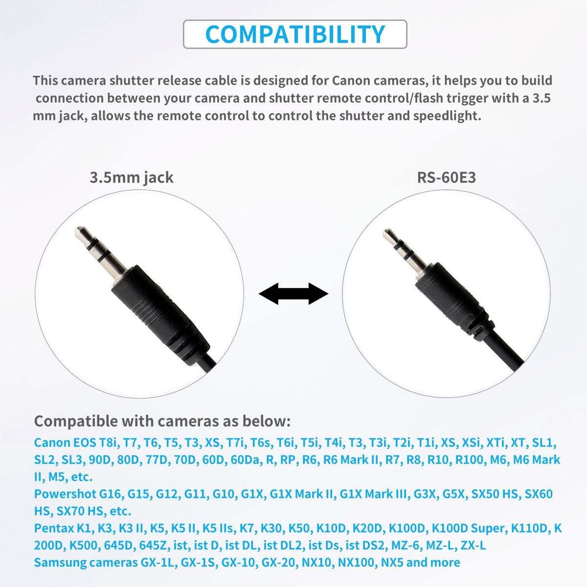 3.5mm to C1 Camera Shutter Release Cable Remote Control Cord Speedlight Flash Trigger Connect Spring Coiled Wire Cord for Canon Rebel T7 T7i T6 T6i T6S T5 T5i T4i T3 T3i T2 60D 70D