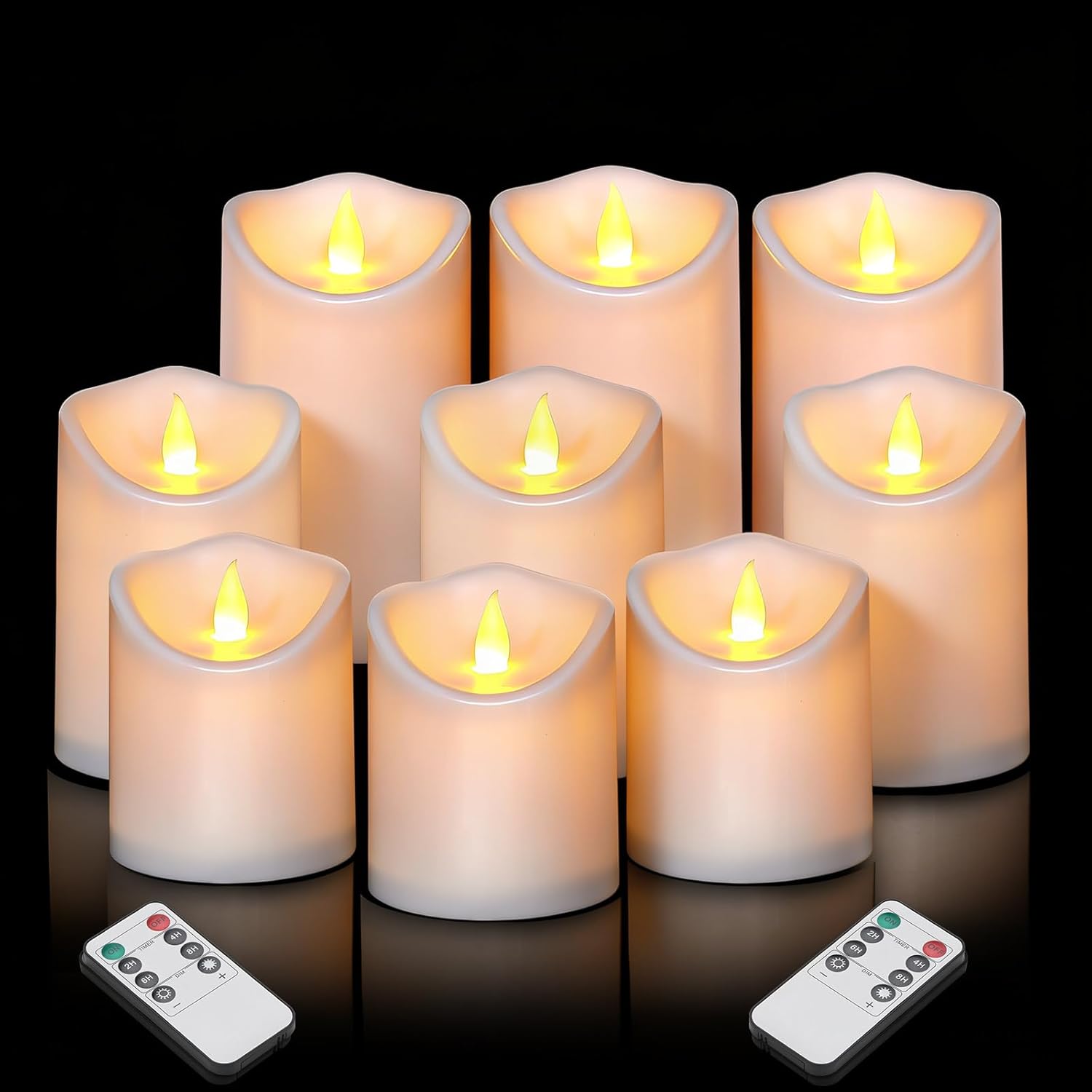 Flameless Candles 4" 5" 6" Outdoor Indoor Pillars Battery Operated Flickering Candles Include 10-Key Remote Timer 400+ Hours by 2 AA Batteries (White Candle - Warm light, 3"D x 4"|5"|6" H - 9 Pack)