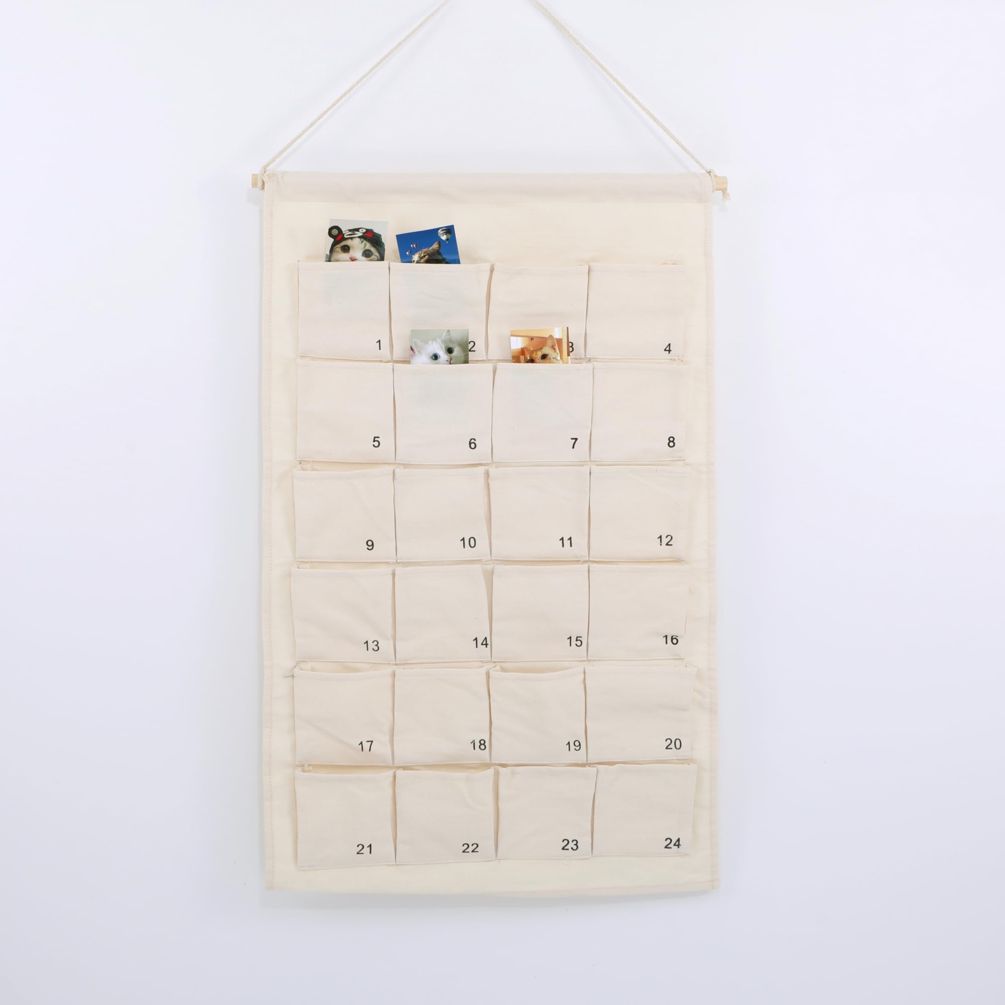 Calendario de Adviento de tela con 24 bolsillos numerados, 67 x 42 cm, calendario de pared colgante blanco para rellenar los adornos de Navidad