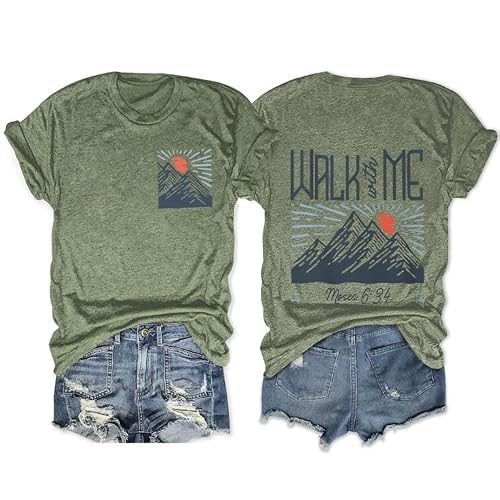GAQEUWR Camp Shirt for Women, Walk with Me Moses 6:34 Shirt, Inspired Mountain Graphic Tee, LDS 2026 Youth Theme Shirt Olive Green