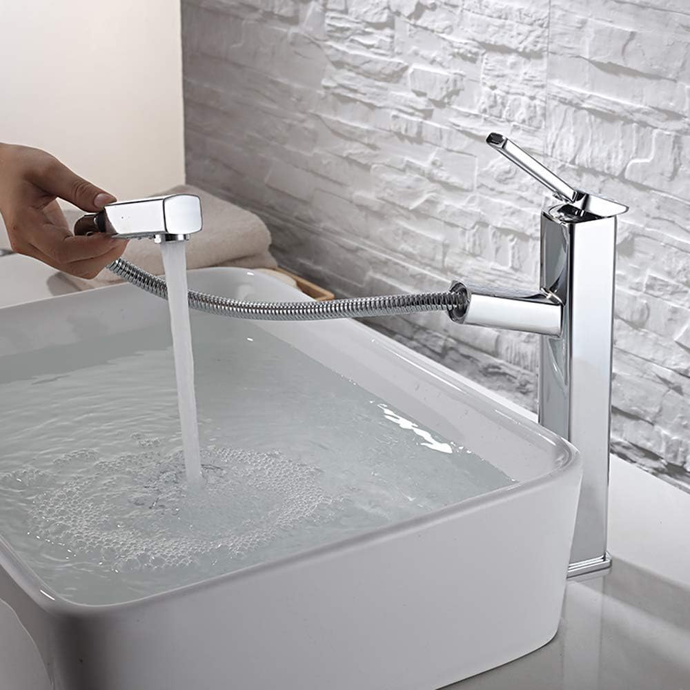 KAIYING LK2563B3 Bathroom Pull Down Vessel Sink Faucet, Lavatory Single Hole Basin Sink Faucet with Pull Out Sprayer, Single Handle Utility Kitchen Mixer Tap with Rotating Spout, Brass (Tall, Chrome)