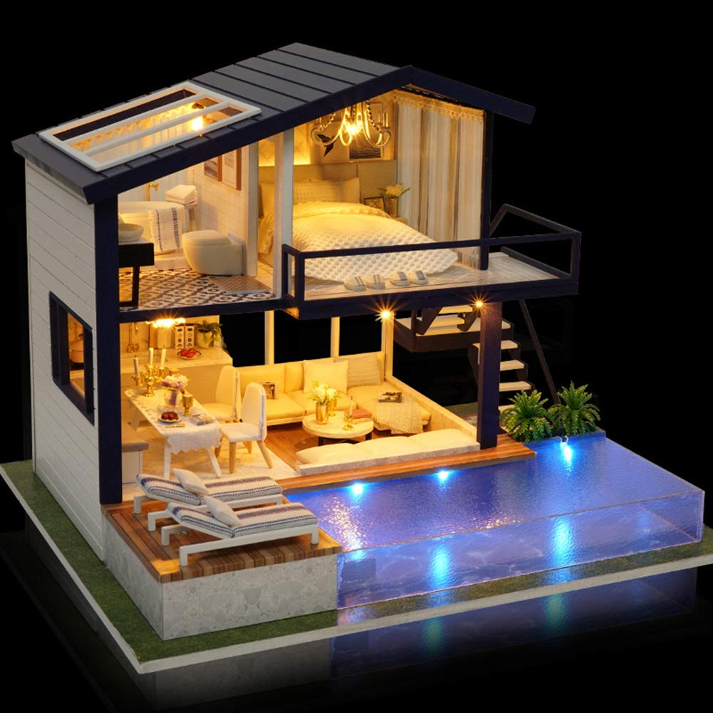 Kit de Maison de Poupée Miniature avec Piscine pour Assemblage DIY