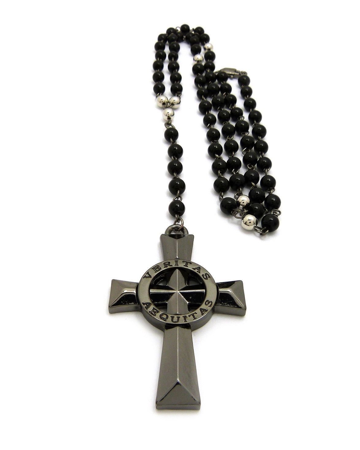 Pyramid Jewelers Mens Veritas Aequitas Cross Boondock Saints Pendant Glass Stone Bead Rosary Necklace