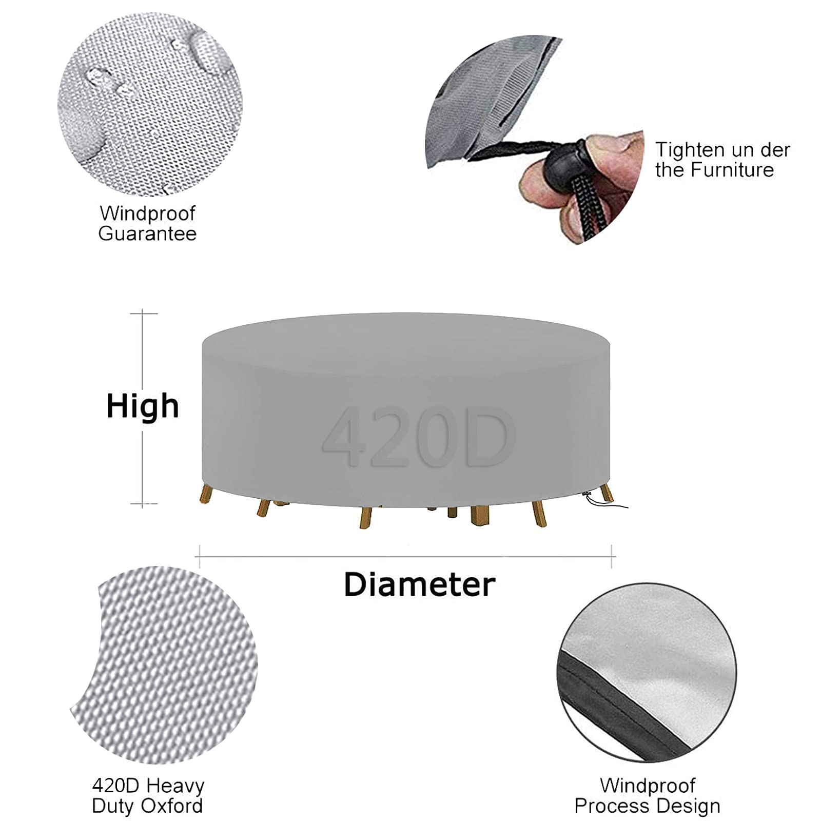 Gartentisch Abdeckung Rund, Abdeckplane für Gartenmöbel Rund, Schutzhülle für Rund Wasserdicht Staubdicht Anti-UV Tischabdeckung Gartenmöbel für Möbelsets-Ø120x70cm(D x H)