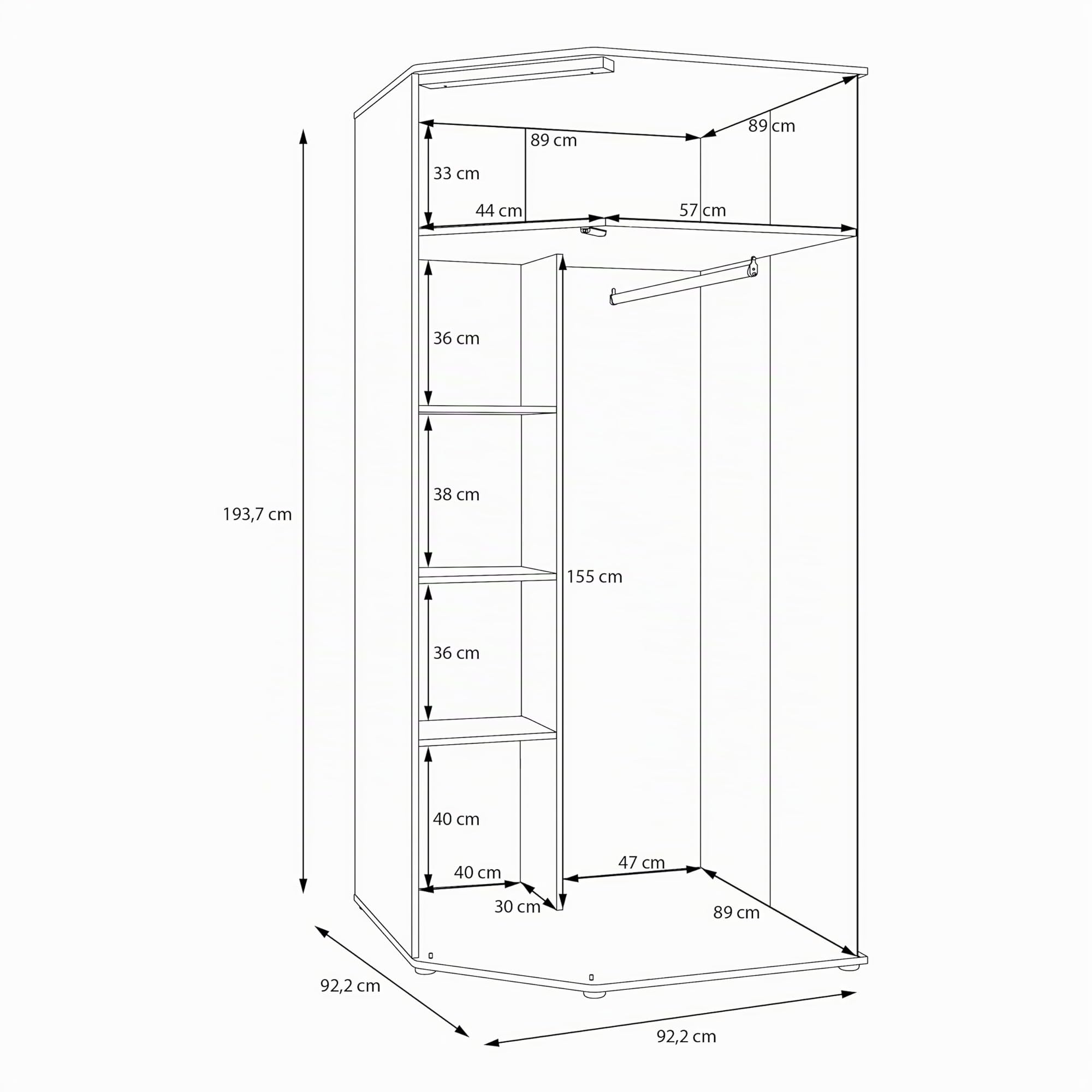 Forte WEXLIN - Armadio angolare 90 95, moderno con porta armadio, camera dei bambini e dei ragazzi, cashmere, beige, decorazione in legno di quercia, 92,2 cm di larghezza x 193,7 cm di altezza x 92,2