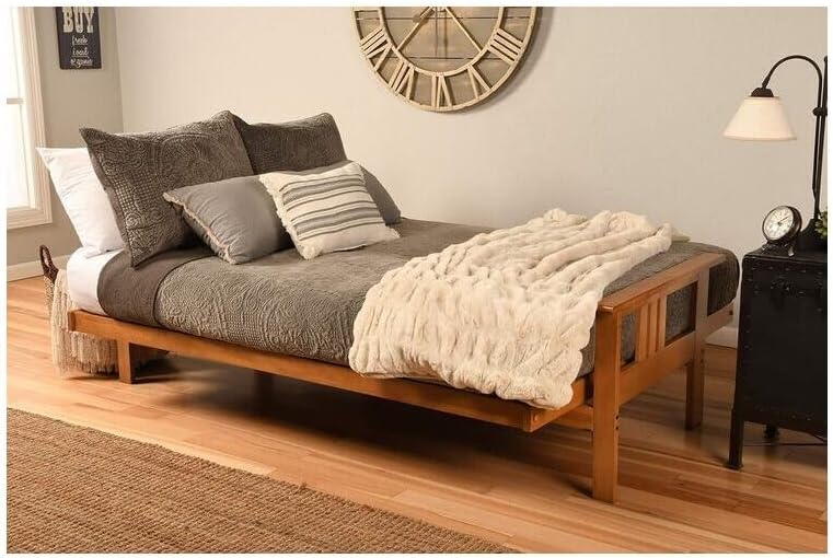 Maykoosh Futon Frame Set with Mattress - Butternut Finish Foldable Sofa Bed - Living Room Furniture Design