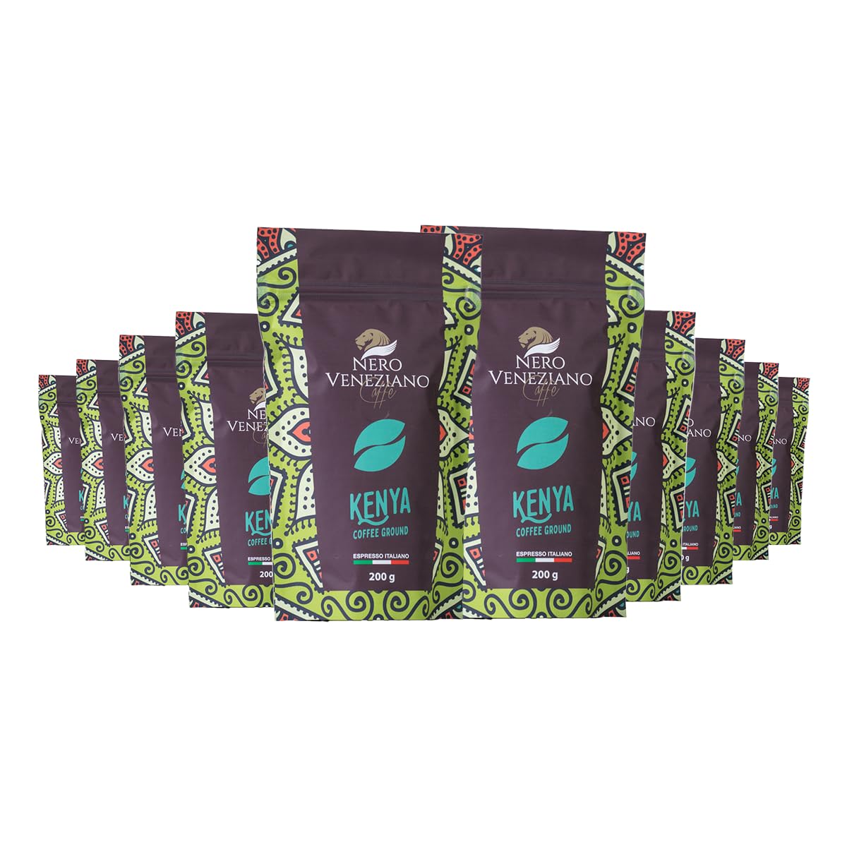 Nero Veneziano Kenya Caffè Macinato 5x200 g, 30% Arabica 70% Canephora, Tostatura Media, Note di Ribes Nero e Spezie, Corpo Robusto, per MOKA