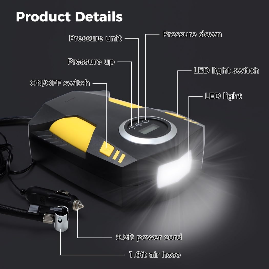 Przenośna sprężarka powietrza, pompka do opon 12 V ze światłem LED i cyfrowym wskaźnikiem do opon samochodowych, elektryczna pompa samochodowa do rowerów i pontonów, akcesoria samochodowe