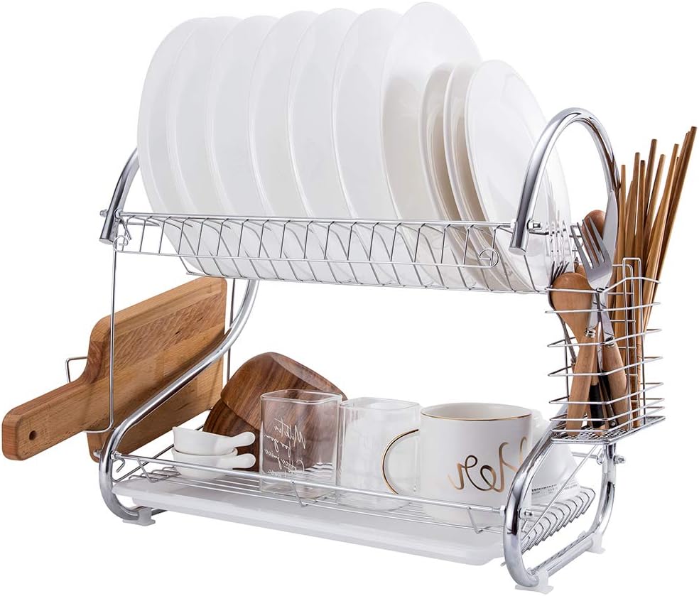 Dish Drying Rack, FIRECOW 2 Tier Dish Rack with Utensil Holder, Cutting Board Bracket and Dish Drainer for Kitchen Counter Top, Plated Chrome Dish Dryer Silver 16.5 x 10 x 15 inch