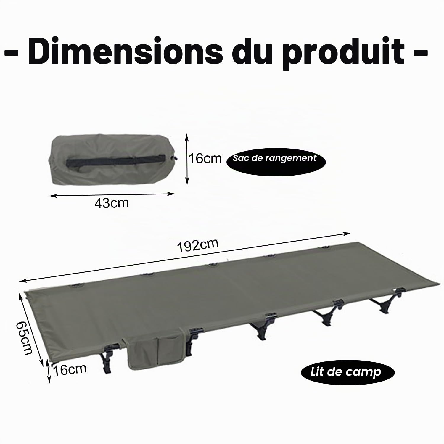 Lit de Camp Pliable,192 x 65 cm Chaise Longue de Camping Compacte et Portable Facile à Construire Lit de Camping Résistant Tentes,Les Randonnées en Plein Air, Charge Maximale 150kg, Vert Foncé