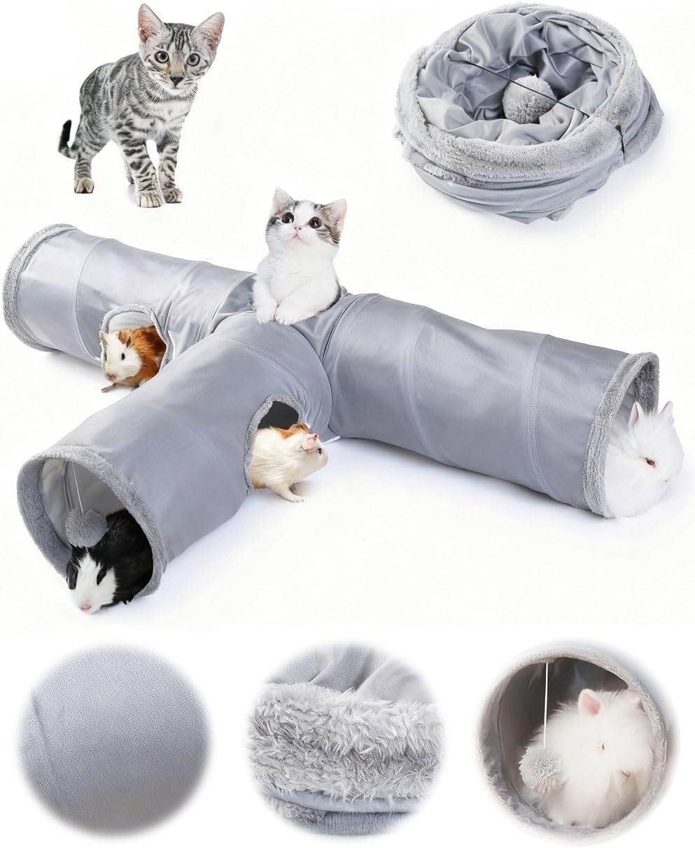 JanYoo Rabbit Bunny Tunnel Hideout Bunny Toys for Rabbits Guinea Pig Accessories Ferret Kitty 3 Ways Collapsible Tunnels (Solid Grey)