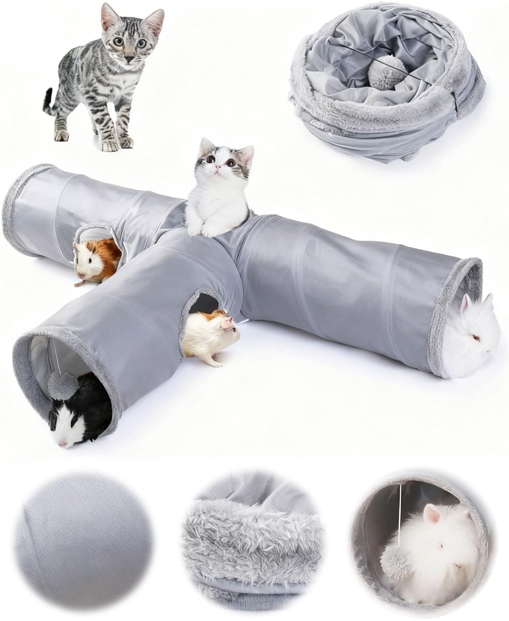 JanYoo Cat Bunny Tunnel 3 Way Collapsible Cat Tunnels for Indoor Cats Pet Toy Tube Rabbit Hideout Guinea Pig Ferret Kitty(Solid Grey)