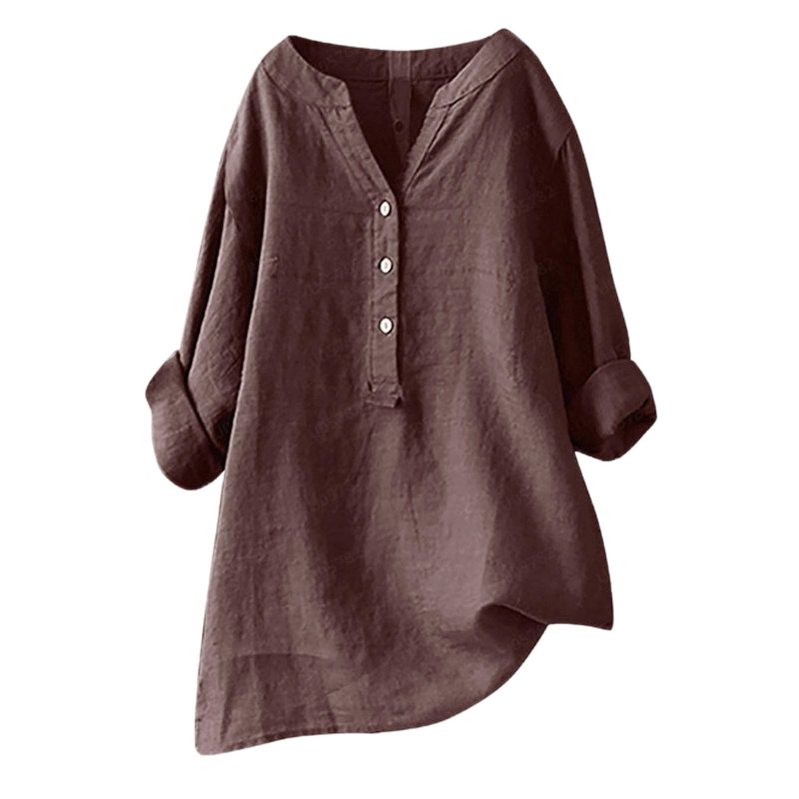 Women Oversized Cotton Linen Shirts Button Down Summer Blouse Roll-Up Sleeve Tops Tunic Trendy Boho Ladies Clothes 2024(Coffee,4X-Large)