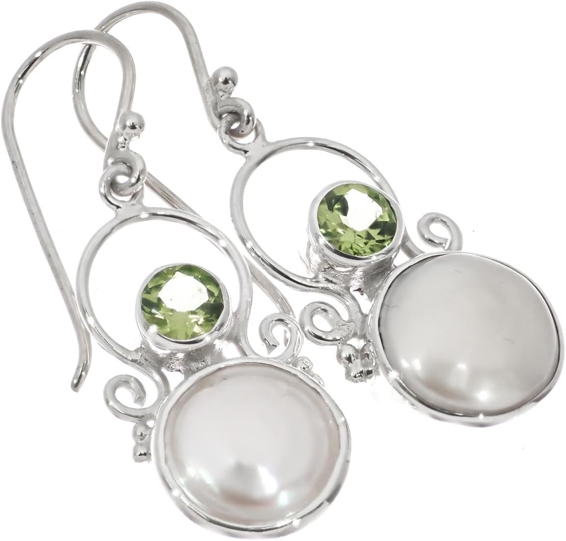 925 Silver White Coin Freshwater Cultured Pearl Peridot Sterling Earrings, 7/8" p85929