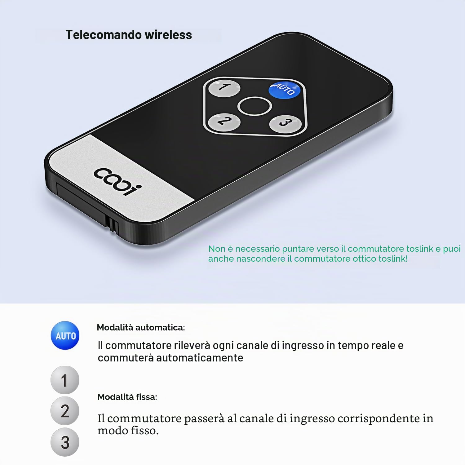 COOIDEA Toslink Audio Switcher Ottico Digitale Automatico 3 in 1 out con Telecomando Wireless Supporta 192k/24Bit PCM2.0 DTS Dolby-AC3 Compatibile con TV/Xbox/Lettore Blu-Ray/PS