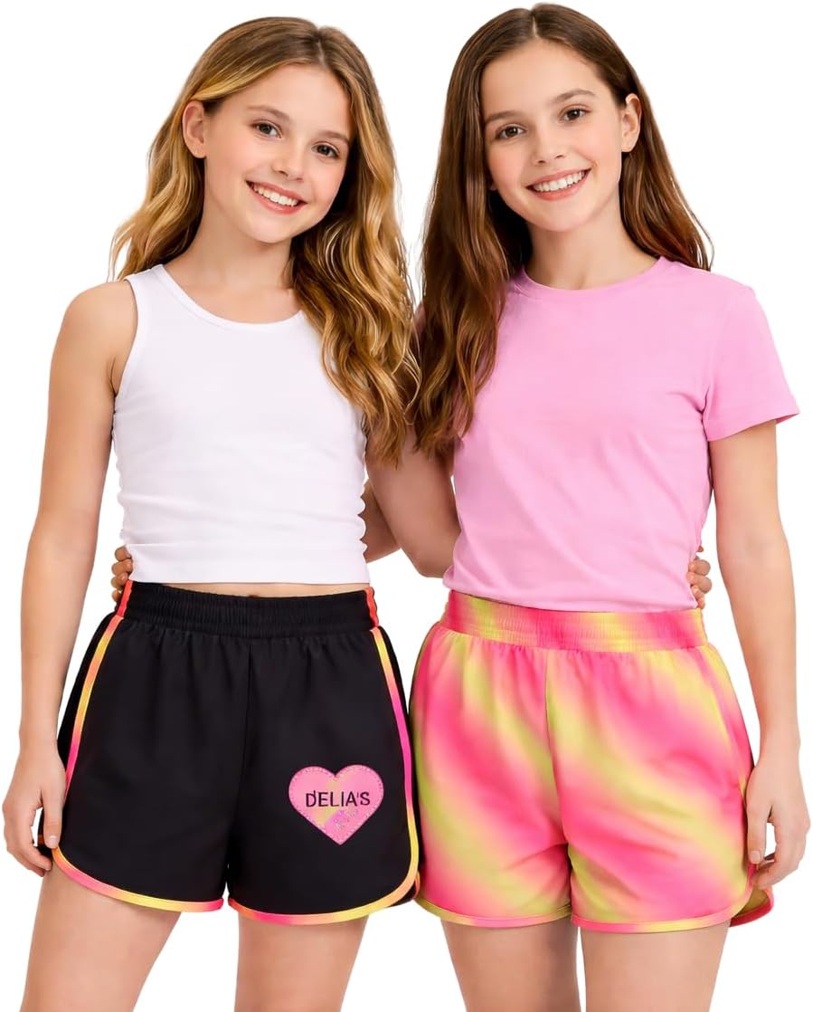 dELiA*s Girls Athletic Shorts - 2 Pack Performance Running Shorts for Girls with Matching Fanny Pack - Size Up for Better Fit