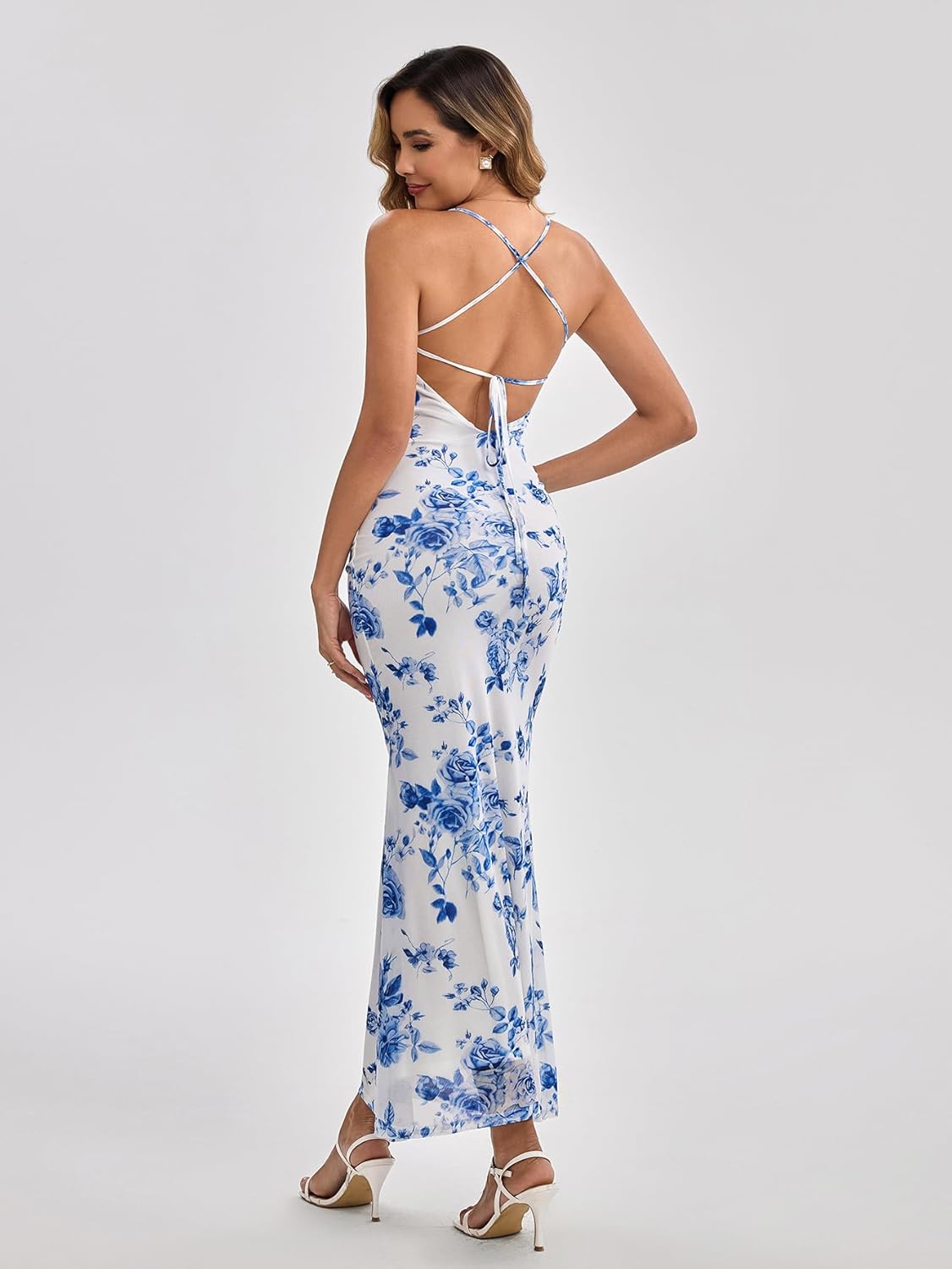 Women's Summer Floral Maxi Dress Square Neck Mesh Ruched Bodycon Formal Wedding Guest Long Dresses - Image 3