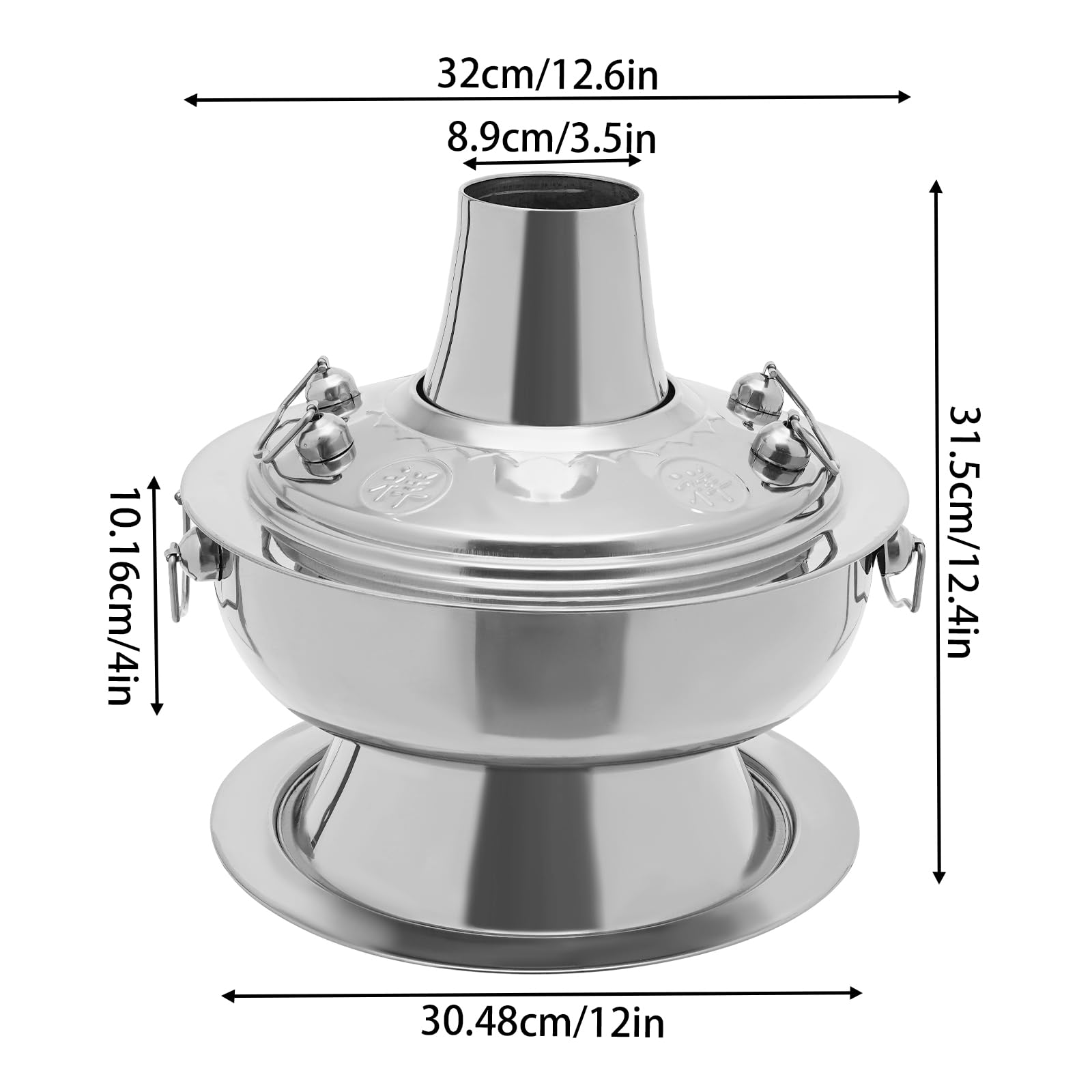 Chinesischer Holzkohle-Hotpot 2.3L Edelstahl Vintage mit Schornstein, Suppenlöffel und Sieb für Haushalt Restaurants (Silber)