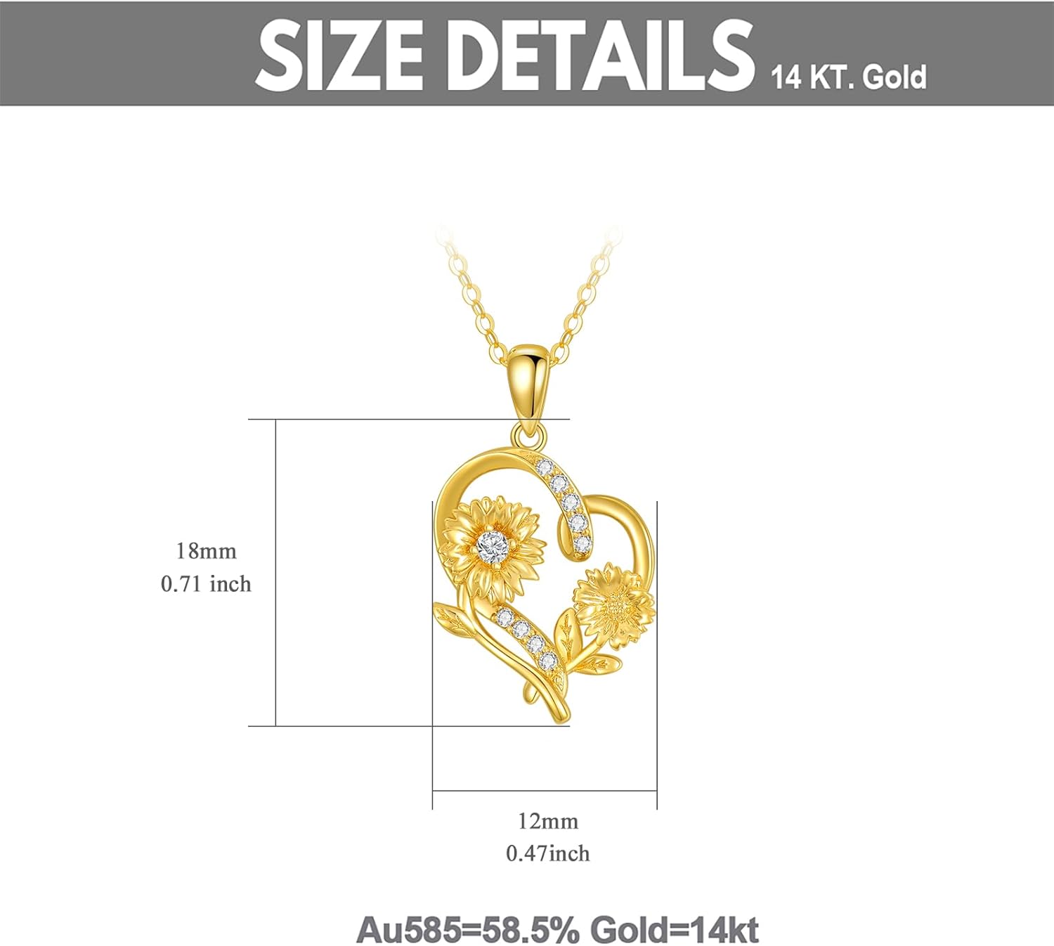 14K Real Gold Sunflower Necklace for Women, You Are My Sunshine Gold Sunflower Pendant Necklace with Crystal Birthday Anniversary Jewelry Gifts for Mom, Wife 16"+2" - Image 6
