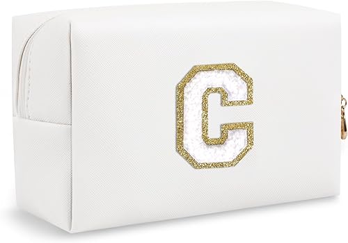 Miniatura 8 de Bolsa de maquillaje preppy inicial personalizada Pequeña bolsa de carta de chenilla de viaje linda, Blanco-2