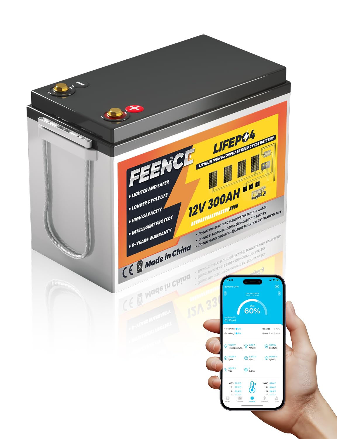 Selbsterwärmung 12V 300Ah LiFePO4 Lithium Batterie, -20℃ Ladung, Bluetooth Integriertes 200A BMS, MAX. 3840Wh Leistung,Deep Cycle Lithium Akku Perfekt für Wohnmobil, Solaranlage, Trolling Motor