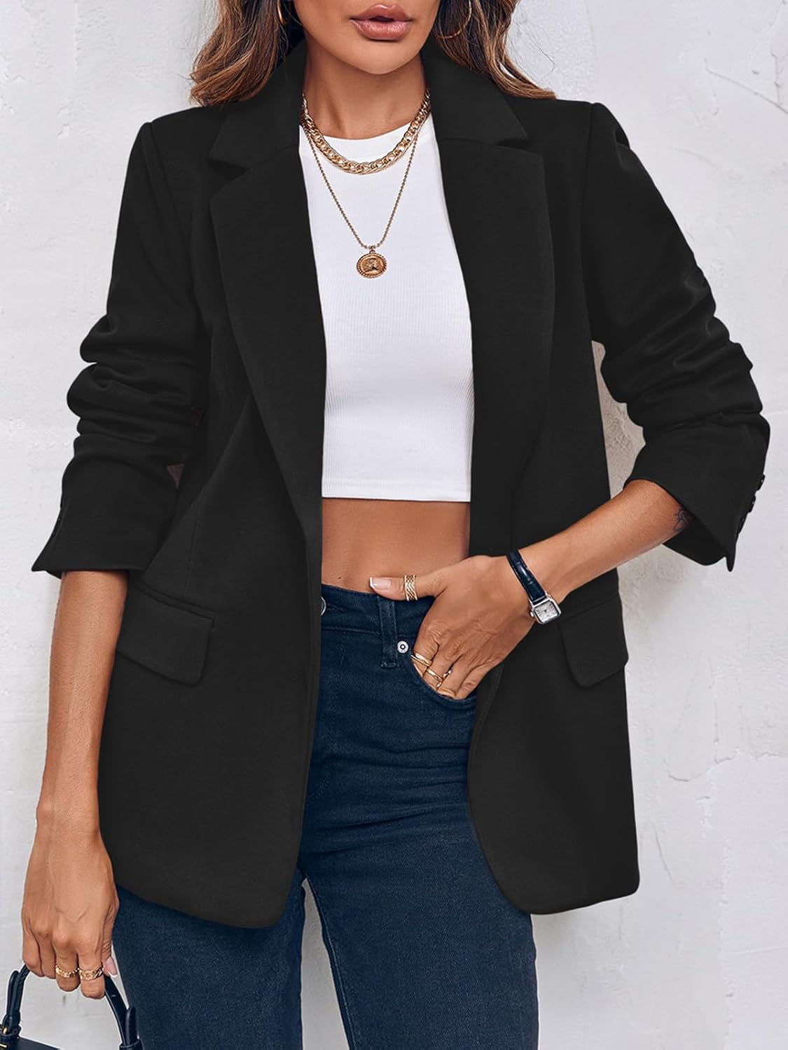 Cicy Bell Women's Woolen Blazer Jackets Casual Long Sleeve Notch Lapel Open Front Work Office Blazers - Image 2