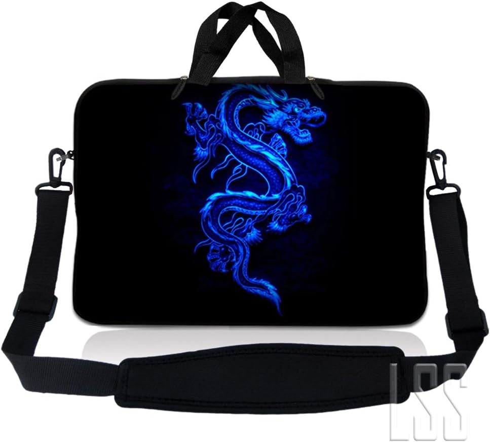 LSS 15 15.6 inches Laptop Messenger Crossbody Bag with Matching Laptop Skin Sticker & Mouse Pad Combo | Carrying Case for 14" 15" 15.6" or Smaller Size Notebook - Blue Dragon