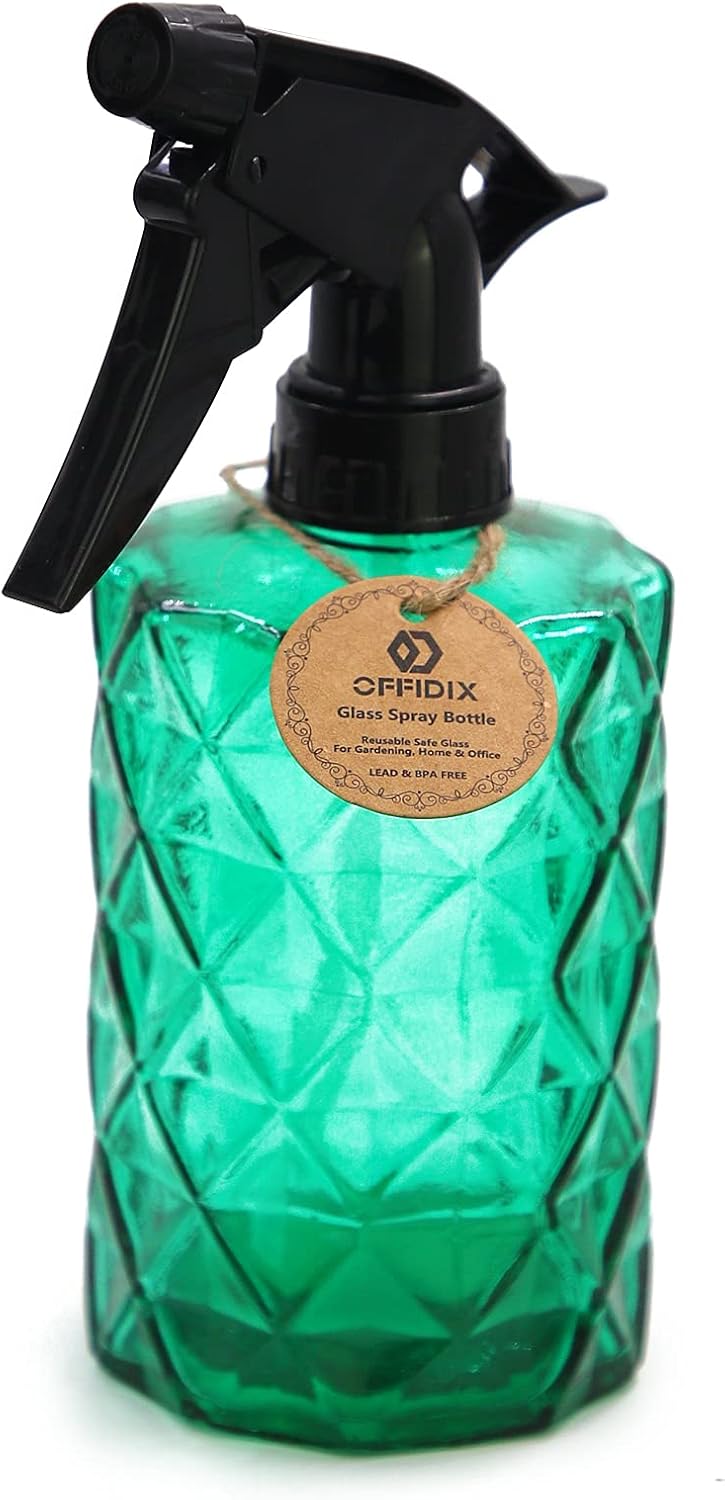 OFFIDIX Botella de pulverización de vidrio, planta de presión de mano Mister 0.4L Botella de pulverización de niebla fina con boquilla ajustable para plantas de jardín o limpieza (verde)