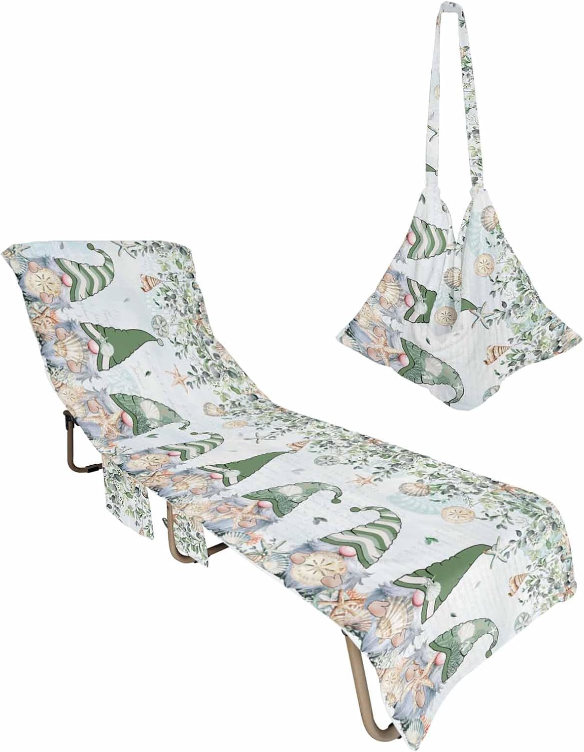 Gnomes Ocean Beach Chair Cover with Side Pockets, Sage Green Eucalyptus Shell Spring Nautical Microfiber & Quick Dry Pool Chaise Lounge Chair Towels Covers for Sun Sunbathing Patio Garden Hotel