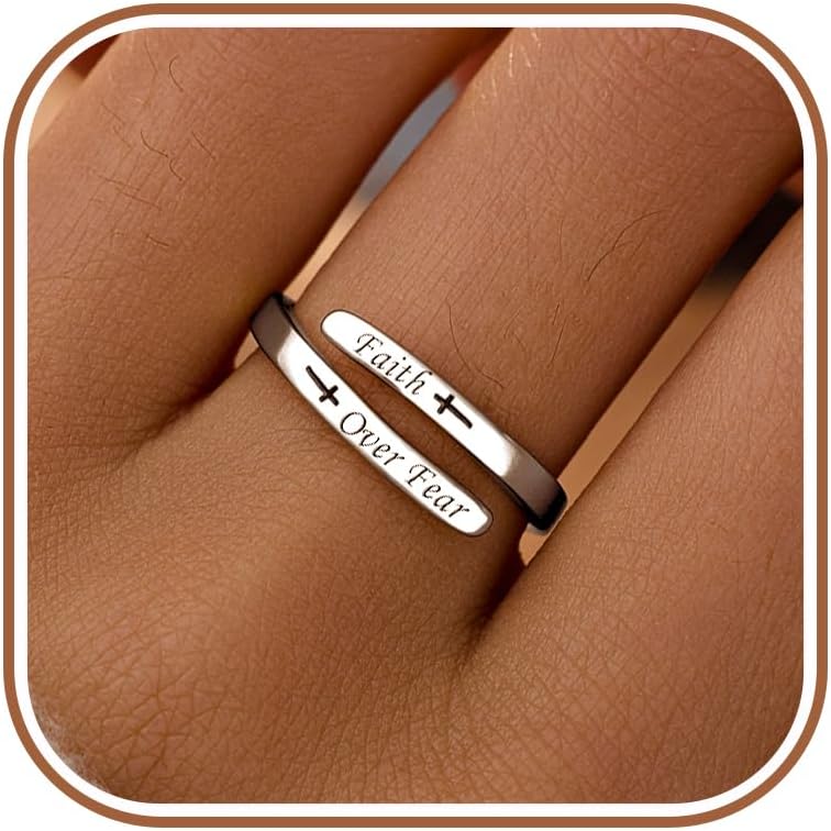 LOVECOM 925 Sterling Silver Faith Over Fear Cross Inspirational Rings for Women Daughter 14k Gold Plated Adjustable Tiny Purity Christian Wrap Ring Encouragement Ring Christmas Jewelry Gifts