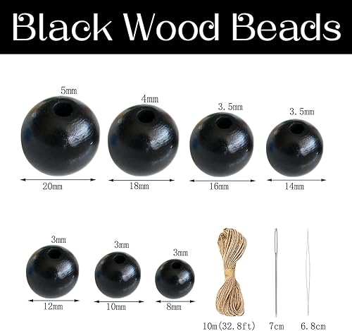 Miniatura 2 de 100 cuentas de madera negra con agujero de 0.197 pulgadas, cuentas redondas sueltas pulidas, cuentas espaciadoras a granel con cordel de yute de