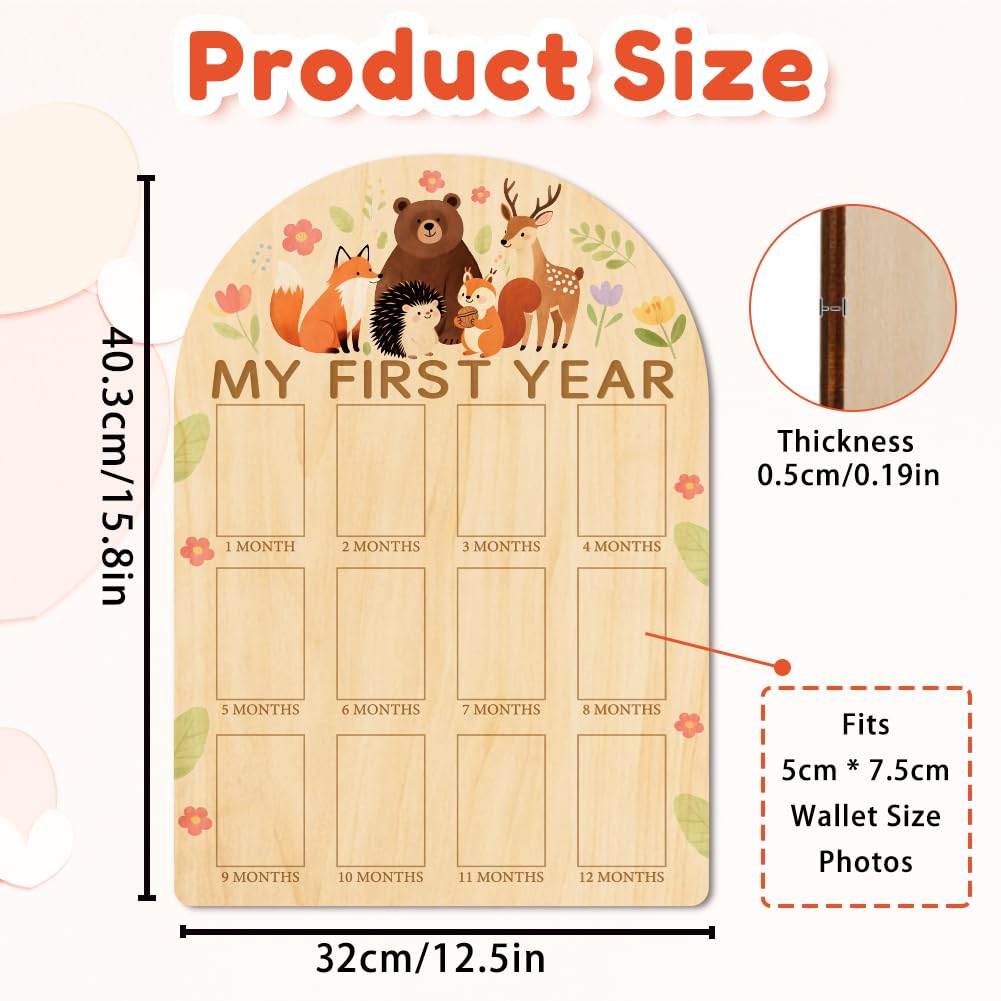 ORIGACH My First Year Baby Growth Photo Display Wood Board - 12 Months Newborn Milestones Photo Board - Neutral Baby Keepsake Frame 1st Birthday Party Nursery Decor New Mom Gift - Forest Animals